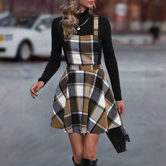 Women A-Line High Waist Vintage Tartan Jumper Dress