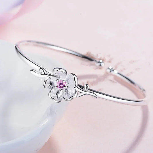 Fashion 925 Sterling Silver Shiny Cherry Blossoms Bracelets
