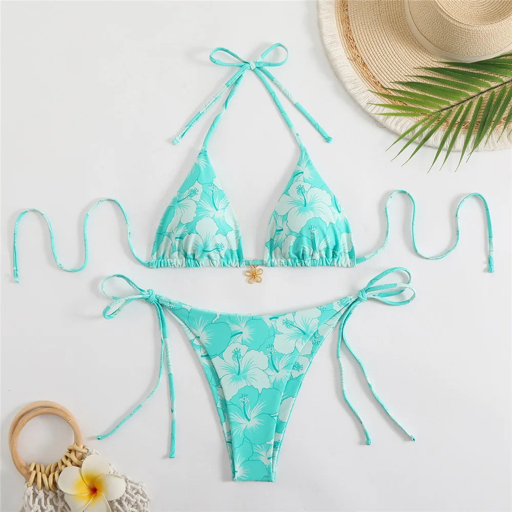 Rose Red Flower Print Micro Thong Bikini