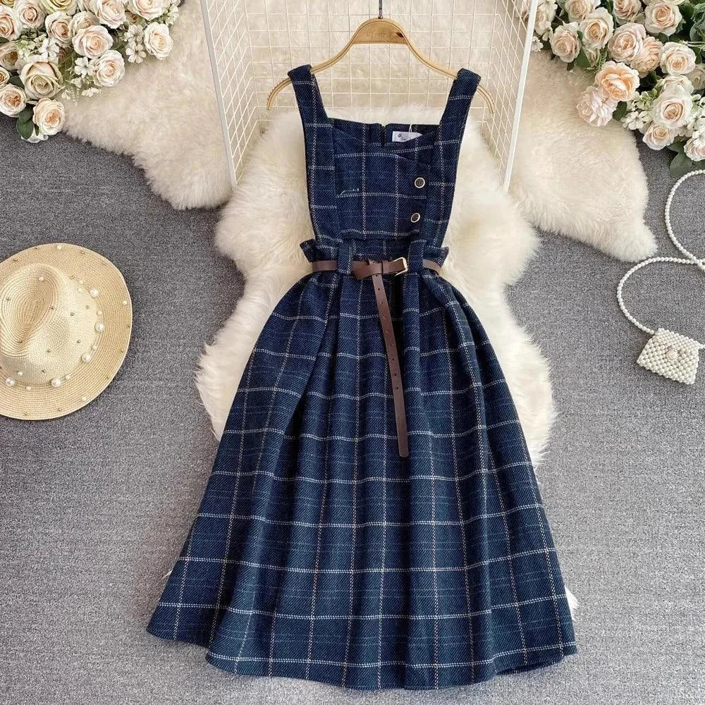 Women Autumn Winter Plaid Woolen Spaghetti Strap Dress With Belt - Venus Trendy Fashion Online