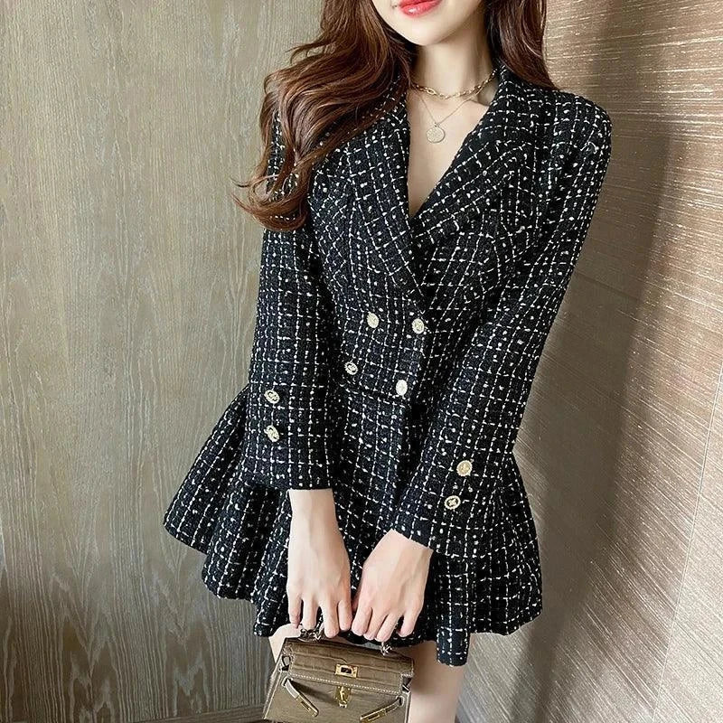 Women Notched Suit Blazer Pleated Double Breasted Celebrities Mini Dresses - Venus Trendy Fashion Online