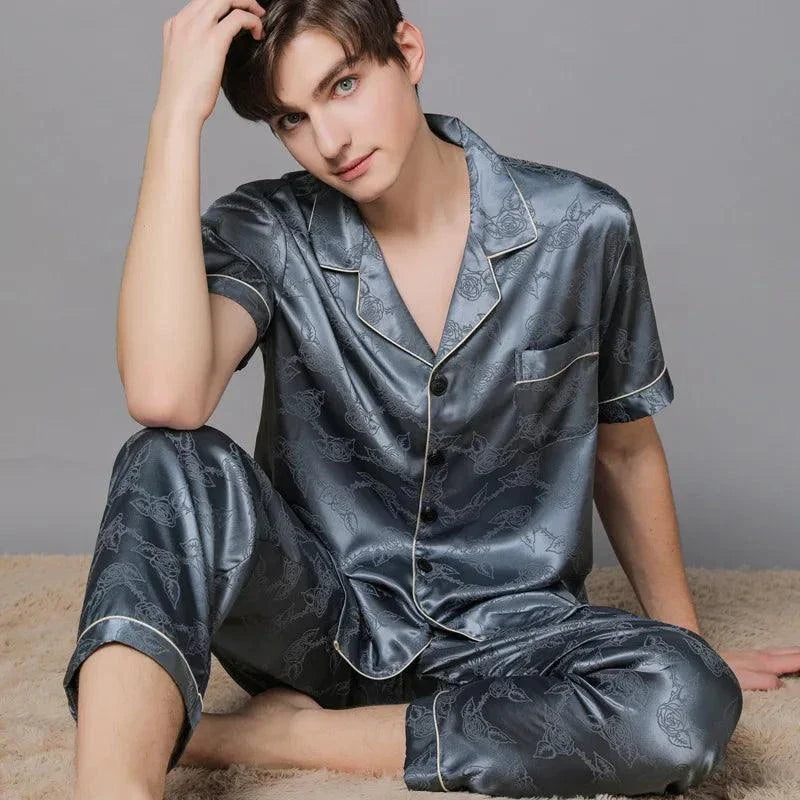 Summer Men Ice Silk Pajamas Suit