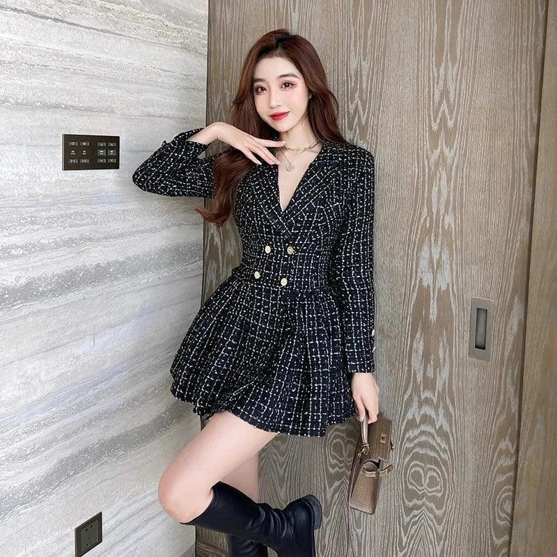 Women Notched Suit Blazer Pleated Double Breasted Celebrities Mini Dresses - Venus Trendy Fashion Online