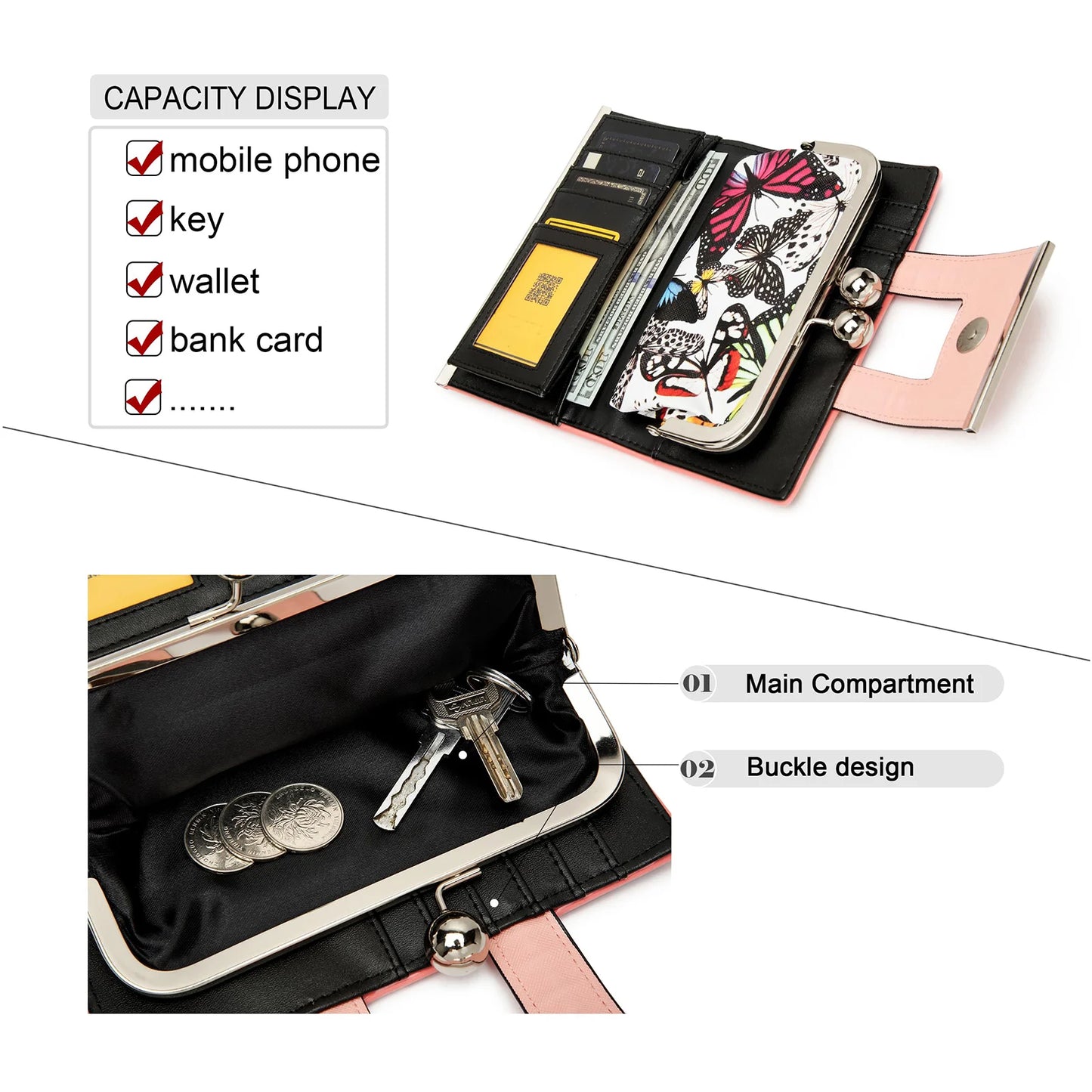 Women Long Purse 10-card slots and clips Zero Wallet