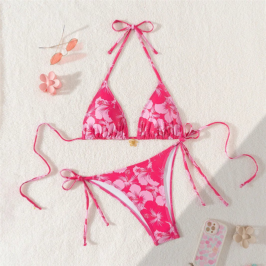 Rose Red Flower Print Micro Thong Bikini