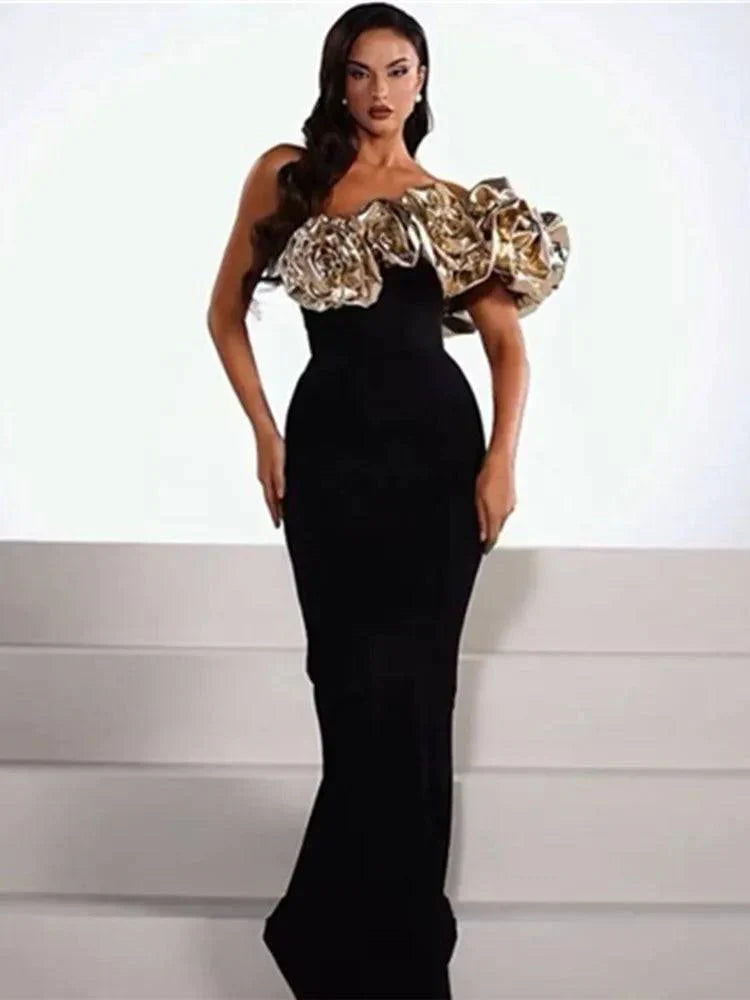Sexy One Shoulder Flower Patchwork Maxi Long Dress - Venus Trendy Fashion Online