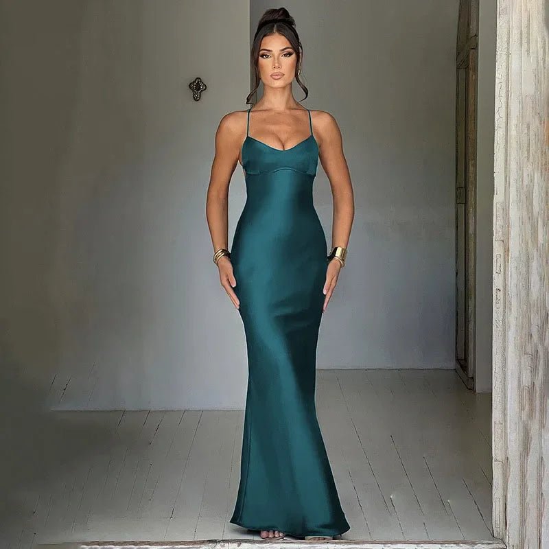 Sexy Spaghetti Strap Satin Party Long Dress