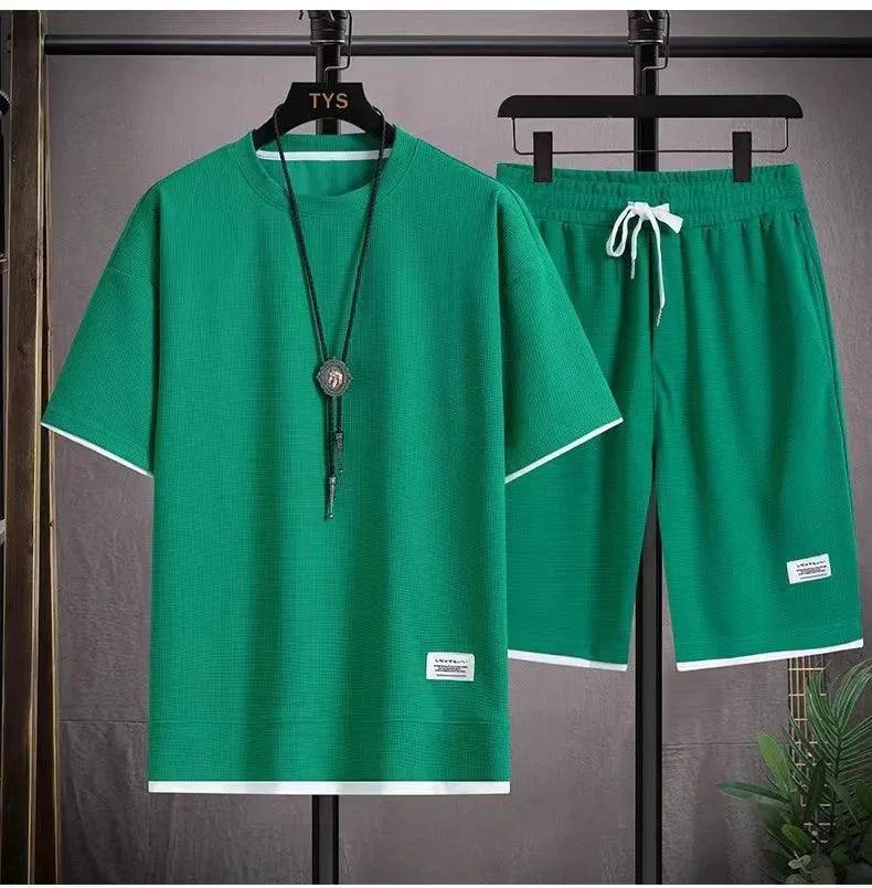 Men's new Waffle Summer Casual T-shirt + Shorts Suit - Venus Trendy Fashion Online