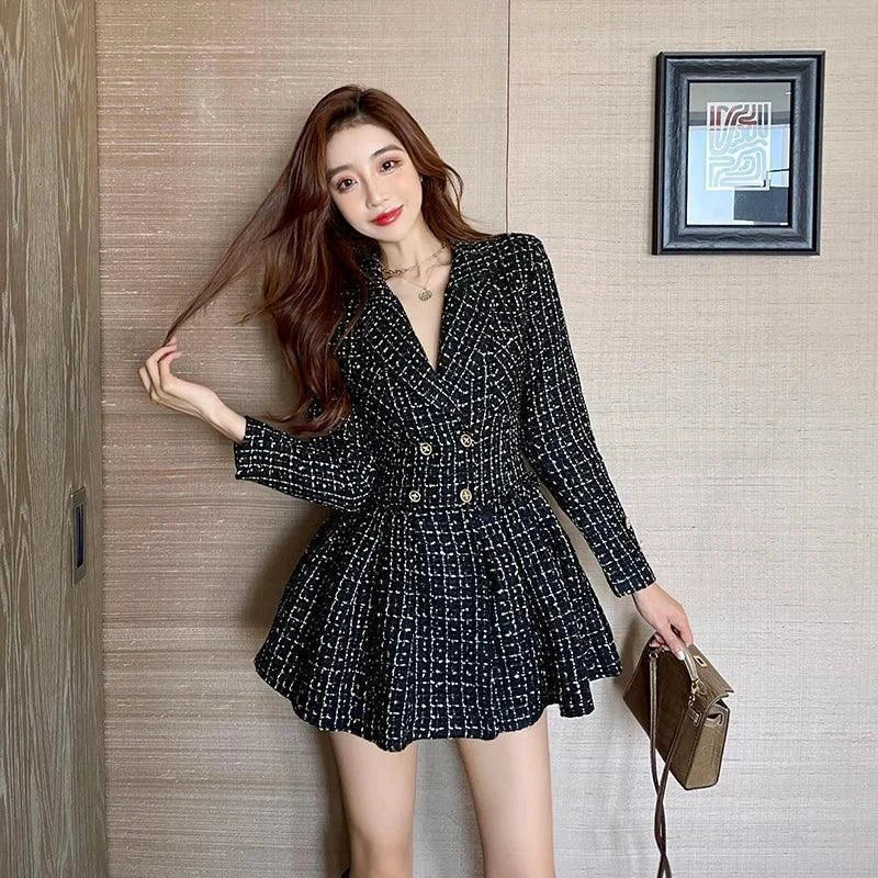 Women Notched Suit Blazer Pleated Double Breasted Celebrities Mini Dresses - Venus Trendy Fashion Online