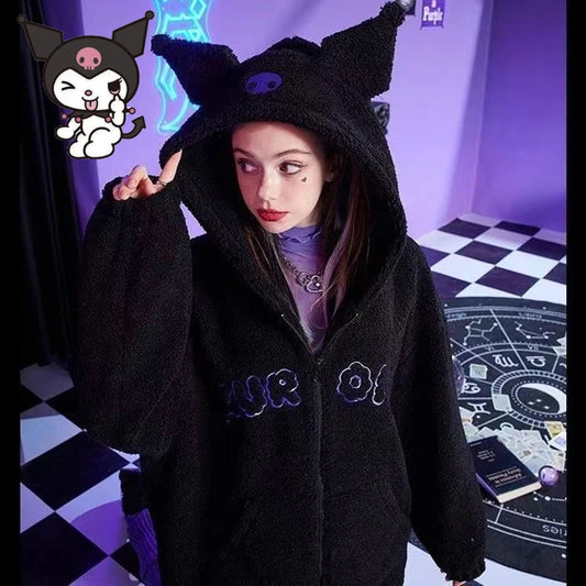 Anime Kuromi Women Black Embroidery Hoodies