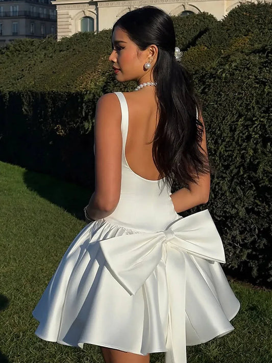 Elegant 3d Bow Backless White Mini Dress