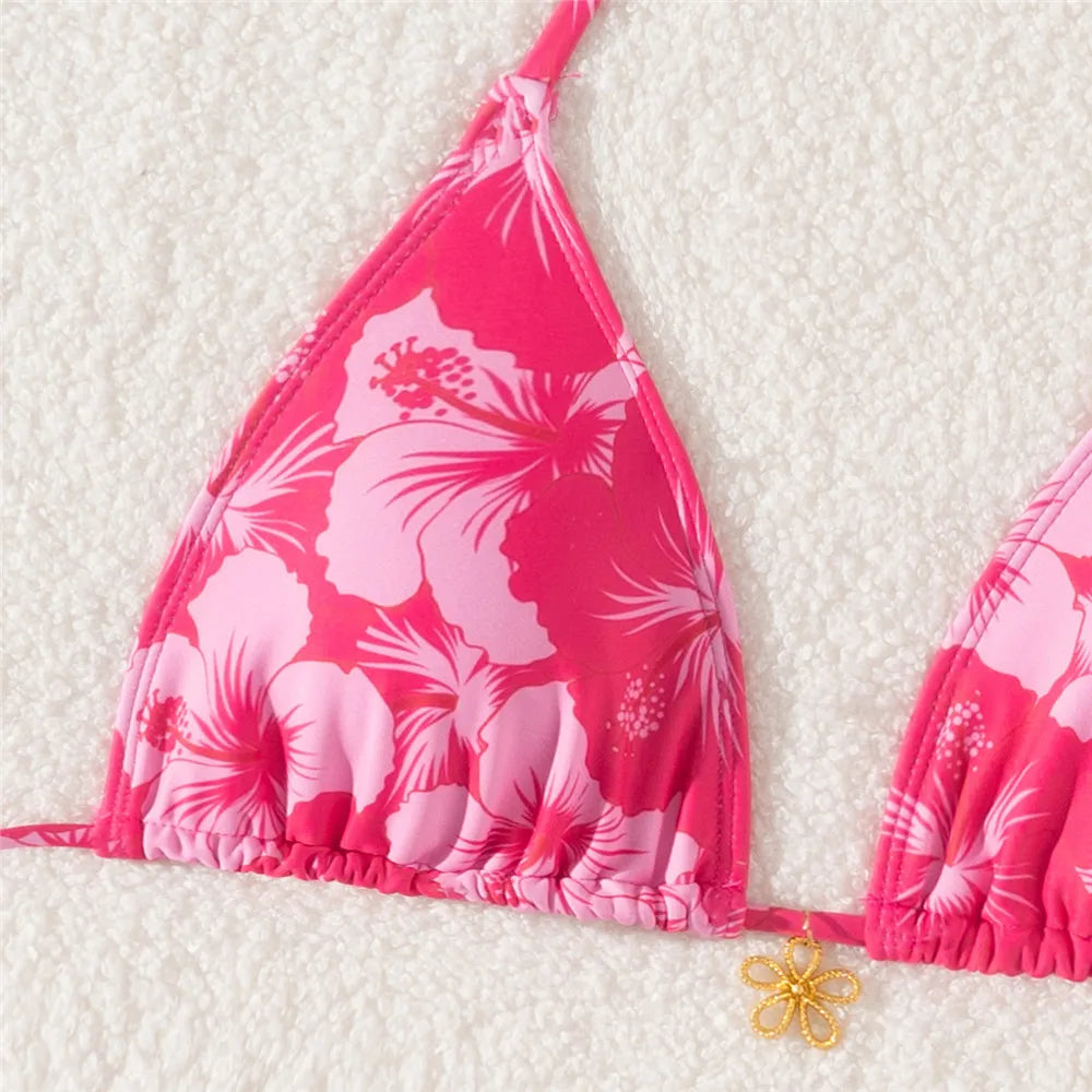 Rose Red Flower Print Micro Thong Bikini