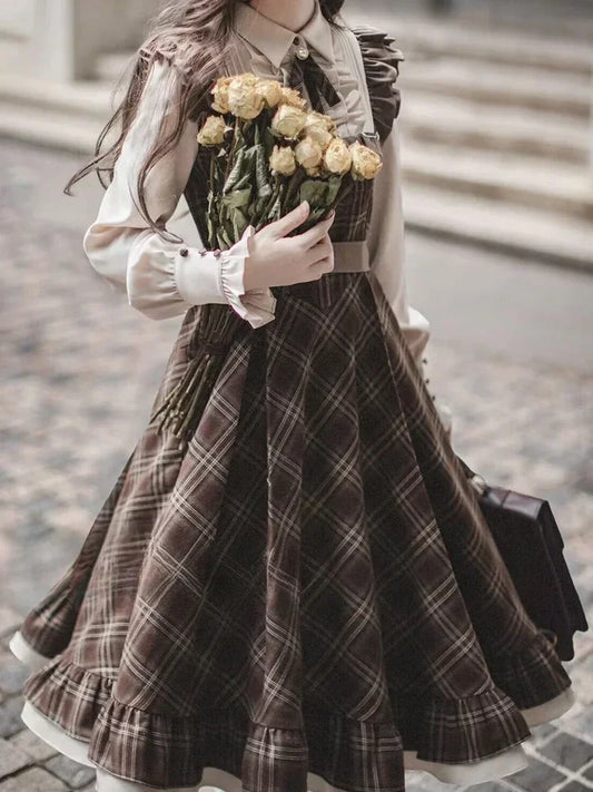 Women Long Skirt Lolita Plaid Dress