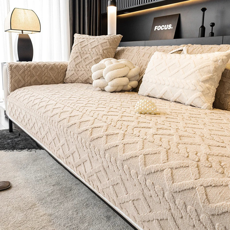 Solid colored plush non slip sofa cover