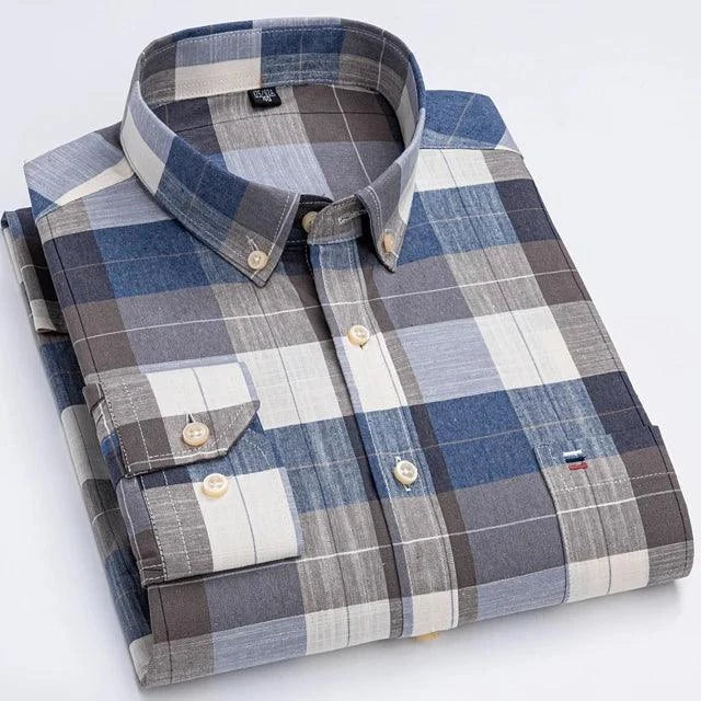 Men's 100% Cotton Plaid Checkered Long Sleeve Oxford Shirt - Venus Trendy Fashion Online