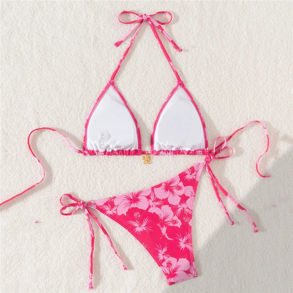 Rose Red Flower Print Micro Thong Bikini