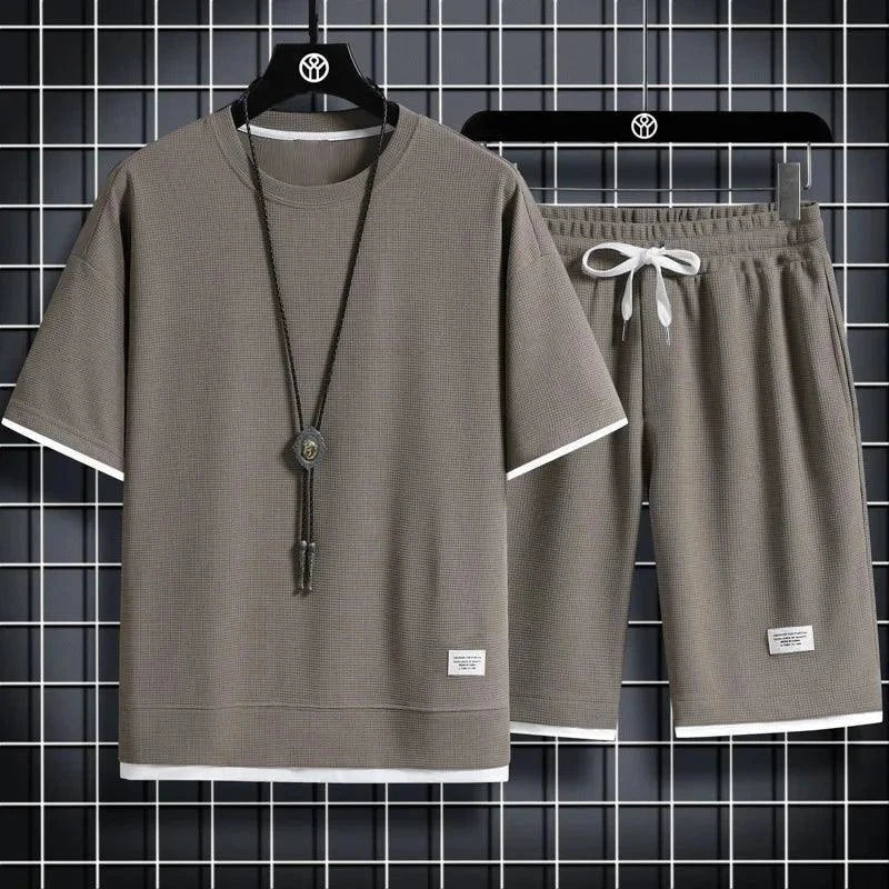 Men's new Waffle Summer Casual T-shirt + Shorts Suit - Venus Trendy Fashion Online