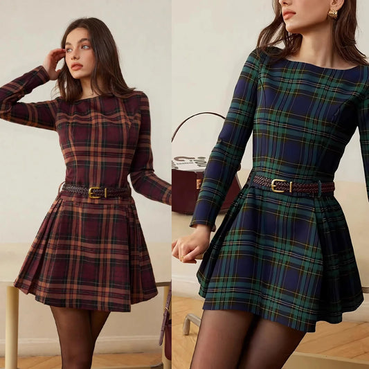 Elegant Plaid Long Sleeve Short Dress