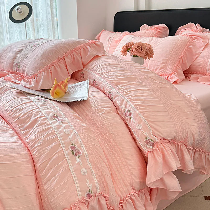 Princess Style Lace Ruffles Wedding Bedding Set