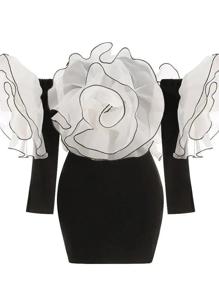 Sexy Slash Neck Off Shoulder 3D Flowers Party Dress - Venus Trendy Fashion Online