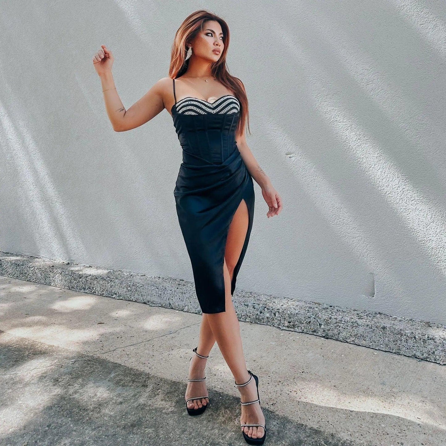 Sexy Slim Fit Rhinestone Tight Waist Sheath Split Sling Dress - Venus Trendy Fashion Online