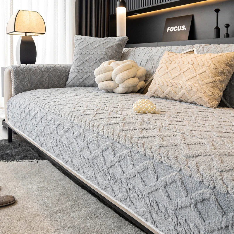 Solid colored plush non slip sofa cover