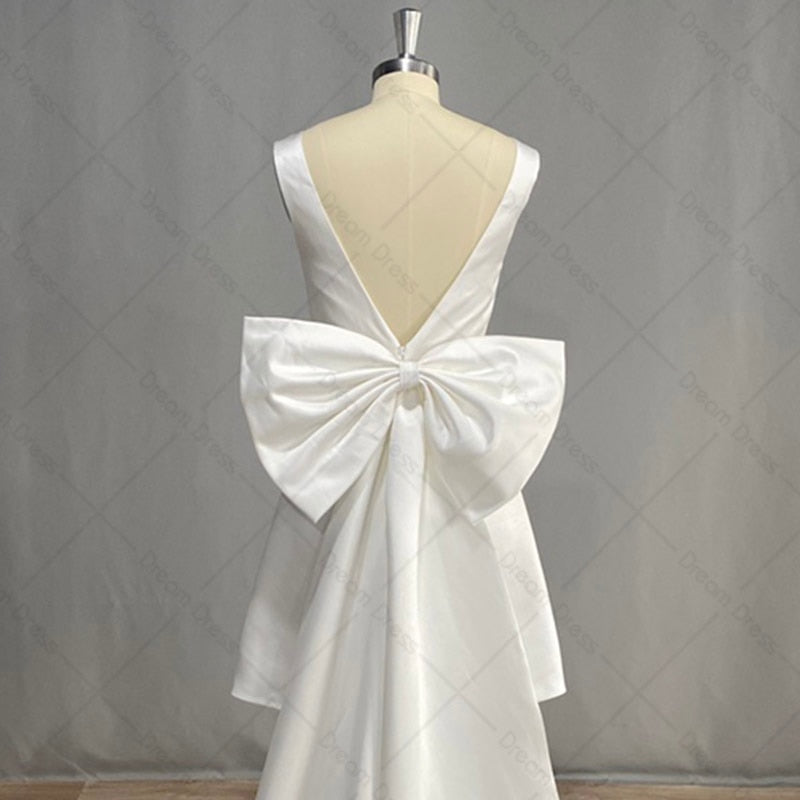 Short Mini Satin V Neck Bridal Gown Large Bow Open Back Sleeveless Wedding/Party Dress Venus Trendy Fashion Online