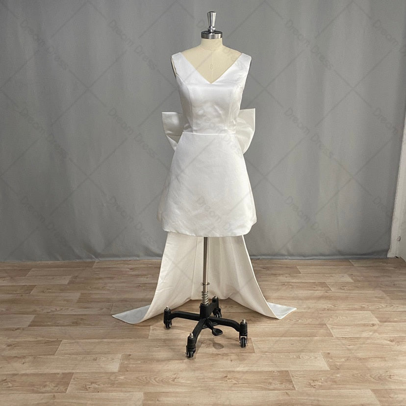 Short Mini Satin V Neck Bridal Gown Large Bow Open Back Sleeveless Wedding/Party Dress Venus Trendy Fashion Online