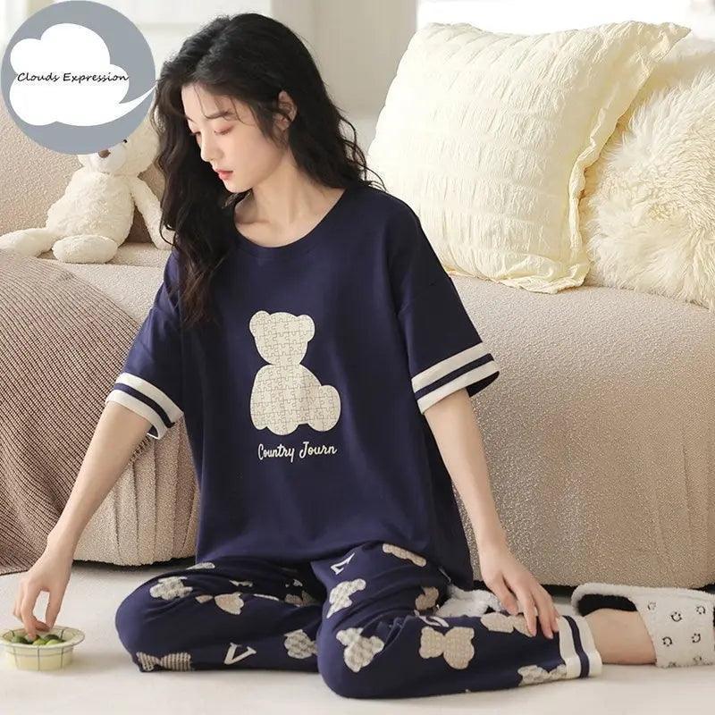 Short Sleeved Cartoon Bear Pajama Sets - Venus Trendy Fashion Online