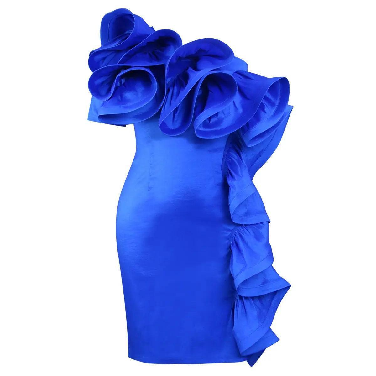 Shoulder Diagonal Collar Dress Layered Wooden Ear Cutting Piece Stacked Hip Dress - Venus Trendy Fashion Online