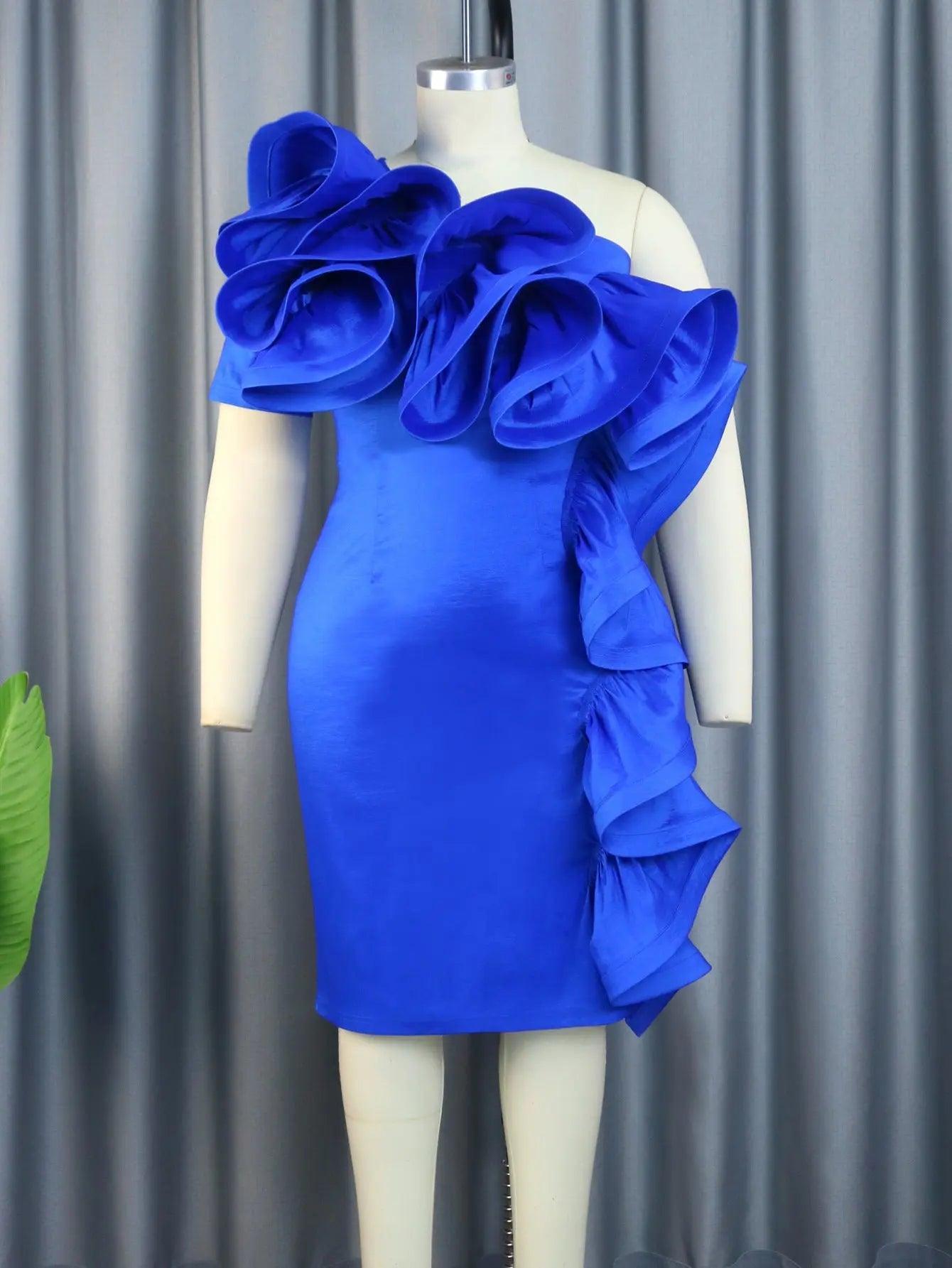 Shoulder Diagonal Collar Dress Layered Wooden Ear Cutting Piece Stacked Hip Dress - Venus Trendy Fashion Online