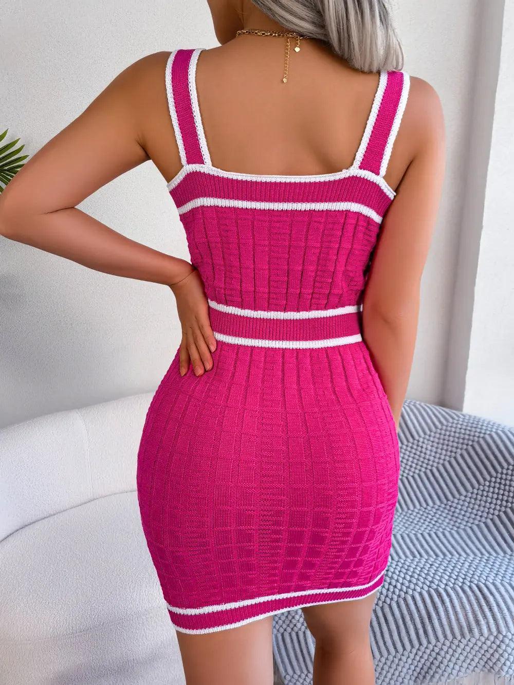Spring Summer Casual Square Collar Button Color Matching Waist Trimming Knitted Hip Dress Women Clothing - Venus Trendy Fashion Online