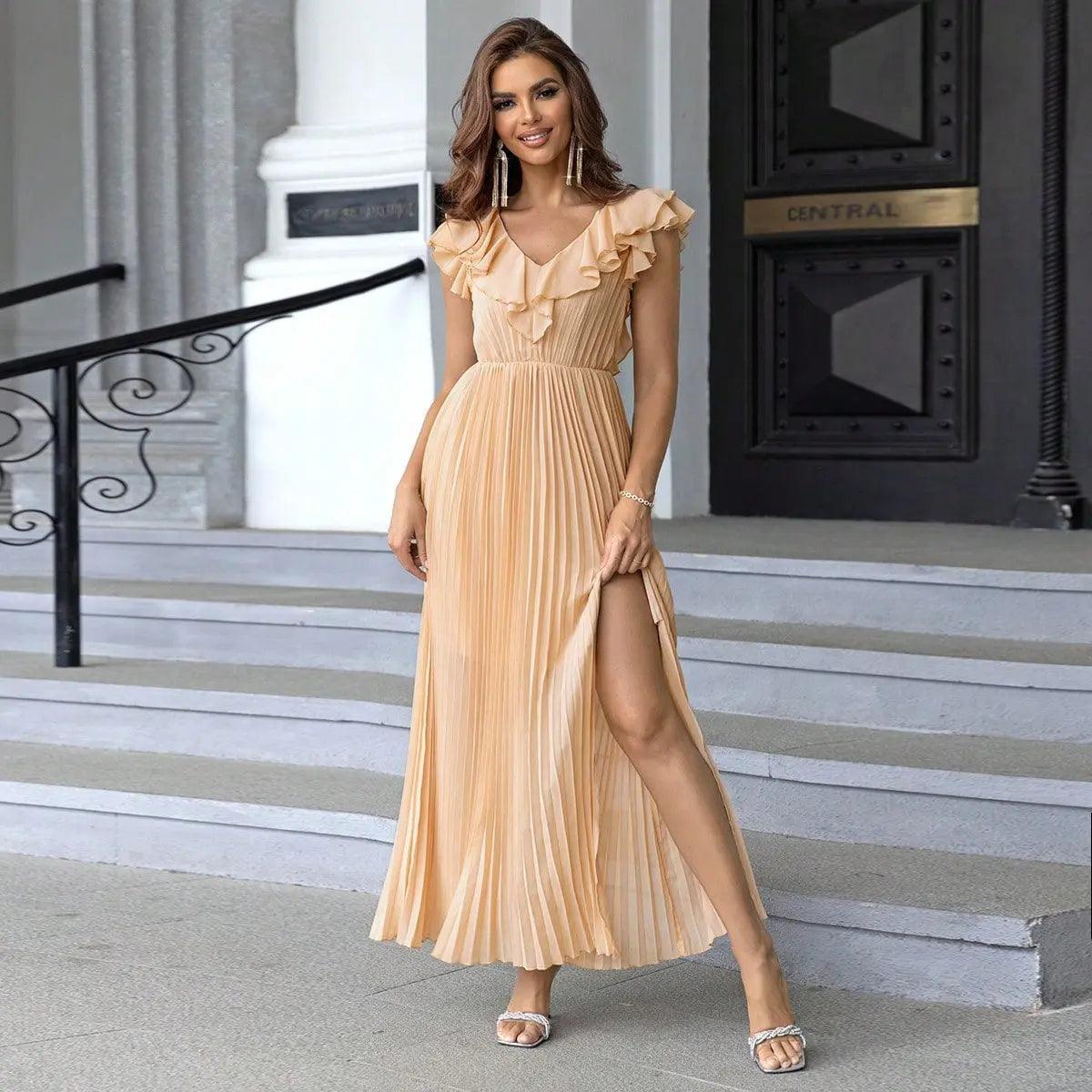 Summer Fashionable Frayed Hem Split Thigh Pleated Hem Dress - Venus Trendy Fashion Online