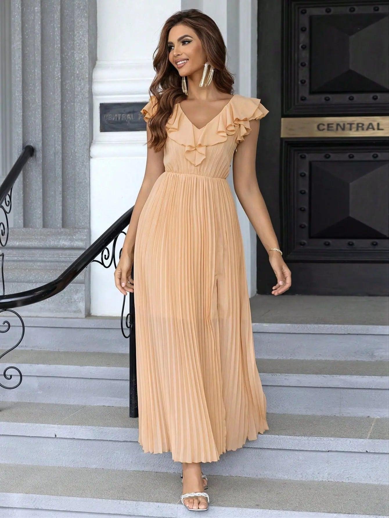Summer Fashionable Frayed Hem Split Thigh Pleated Hem Dress - Venus Trendy Fashion Online