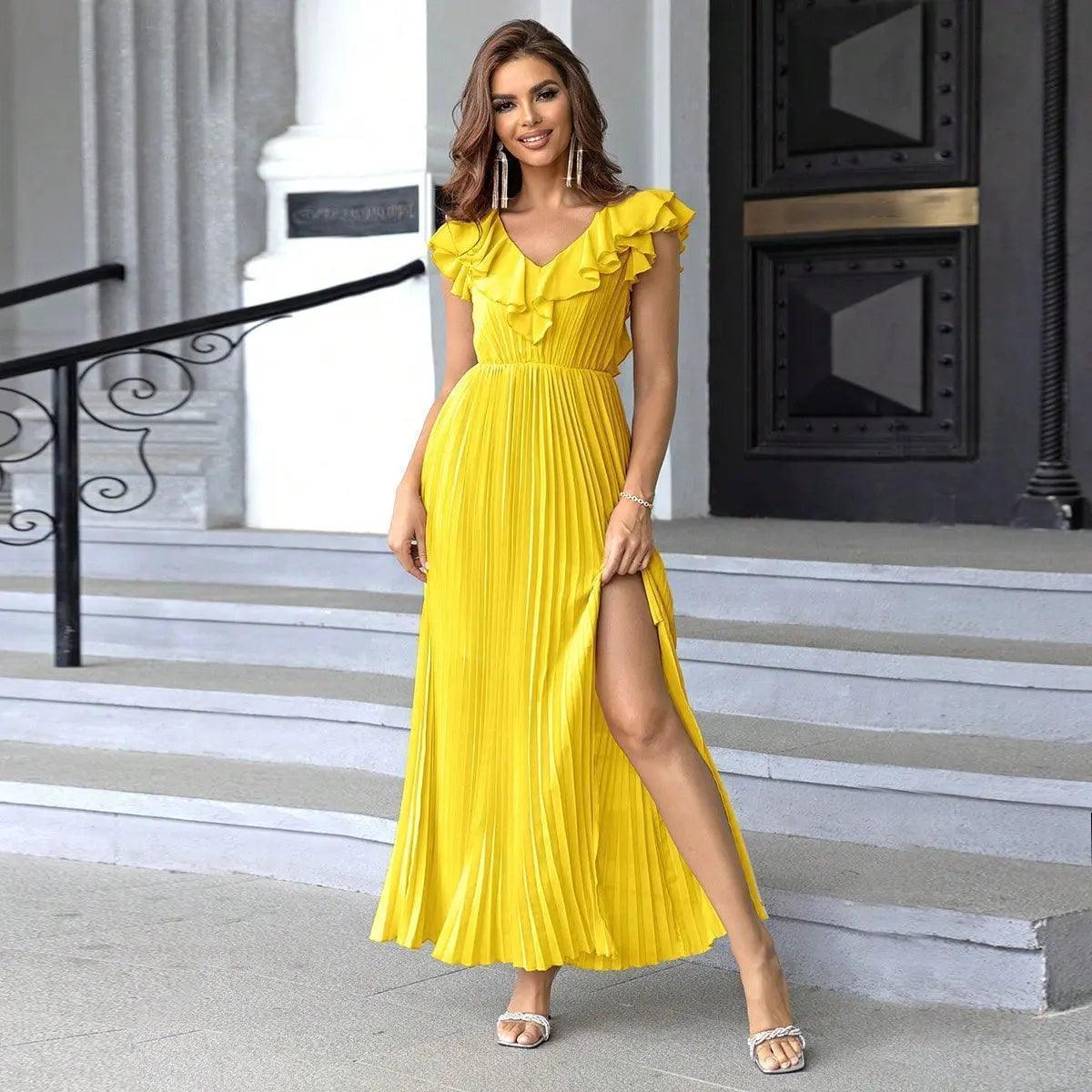 Summer Fashionable Frayed Hem Split Thigh Pleated Hem Dress - Venus Trendy Fashion Online