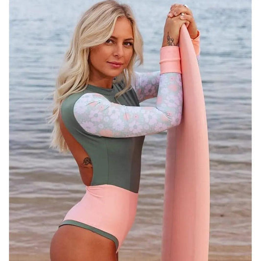 Swimwear Solid Color Printed Patchwork Long Sleeves Surfing Suit Sexy Open Back Swimsuit Women Swimsuit - Venus Trendy Fashion Online