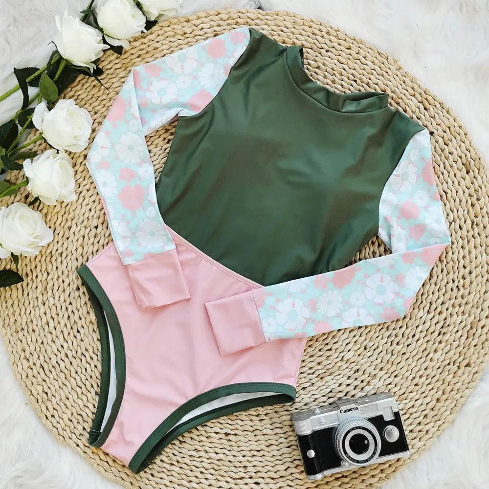 Swimwear Solid Color Printed Patchwork Long Sleeves Surfing Suit Sexy Open Back Swimsuit Women Swimsuit - Venus Trendy Fashion Online