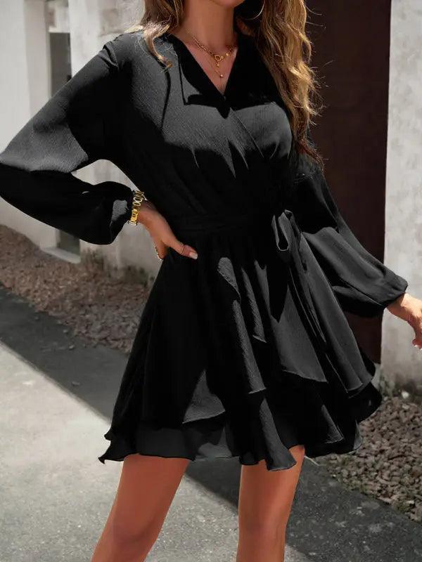 V-neck elegant long-sleeved multi-layered dress - Venus Trendy Fashion Online