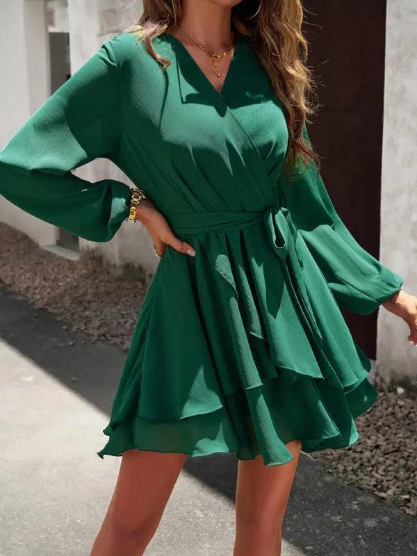 V-neck elegant long-sleeved multi-layered dress - Venus Trendy Fashion Online