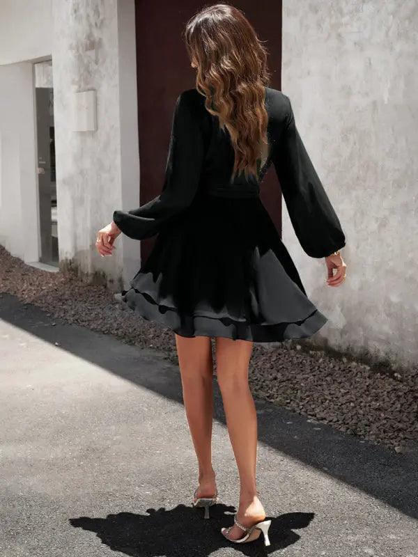 V-neck elegant long-sleeved multi-layered dress - Venus Trendy Fashion Online
