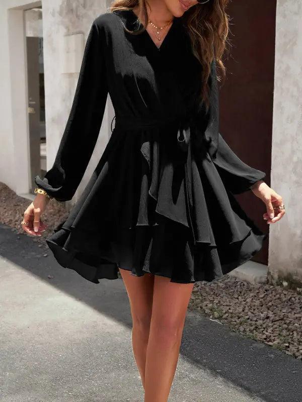 V-neck elegant long-sleeved multi-layered dress - Venus Trendy Fashion Online