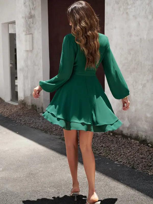 V-neck elegant long-sleeved multi-layered dress - Venus Trendy Fashion Online