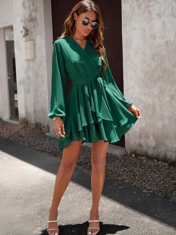 V-neck elegant long-sleeved multi-layered dress - Venus Trendy Fashion Online