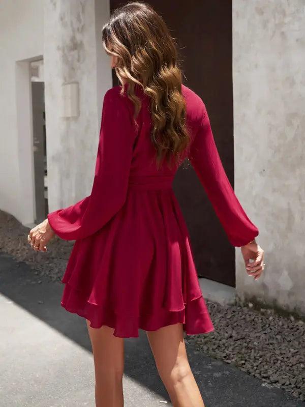 V-neck elegant long-sleeved multi-layered dress - Venus Trendy Fashion Online