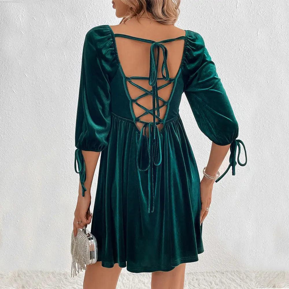 Velvet Party Square Cut Collar Back Hollow Out Cutout out Tied A line - Venus Trendy Fashion Online