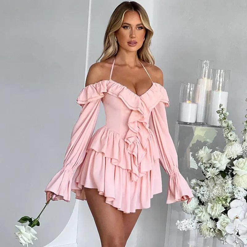 Women Clothing Autumn Sexy Halter Low Cut Ruffled Long Sleeve Romper - Venus Trendy Fashion Online