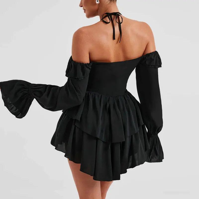 Women Clothing Autumn Sexy Halter Low Cut Ruffled Long Sleeve Romper - Venus Trendy Fashion Online