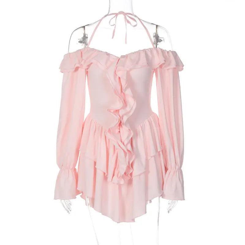 Women Clothing Autumn Sexy Halter Low Cut Ruffled Long Sleeve Romper - Venus Trendy Fashion Online