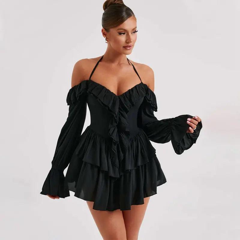 Women Clothing Autumn Sexy Halter Low Cut Ruffled Long Sleeve Romper - Venus Trendy Fashion Online