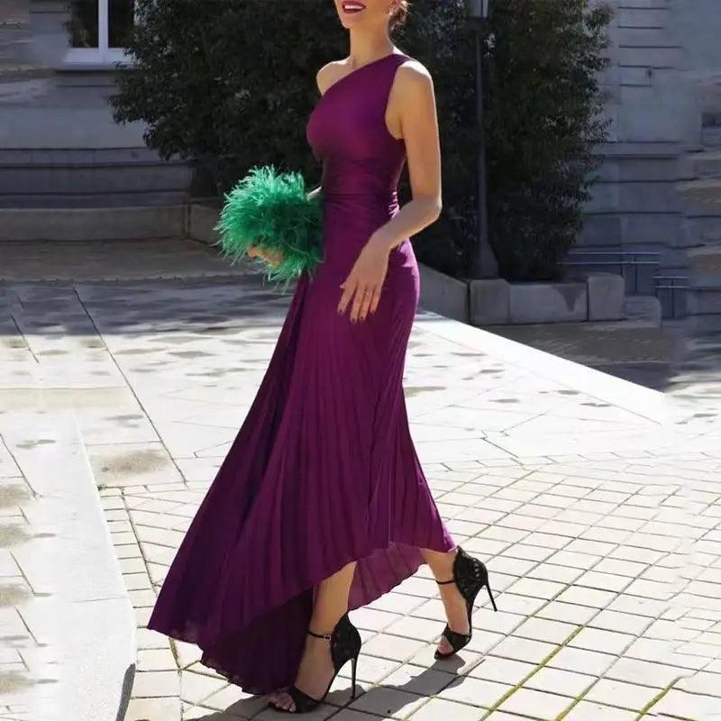 Women Clothing One Shoulder Diagonal Collar Pleated Hollow Out Cutout Dress - Venus Trendy Fashion Online